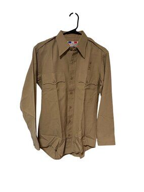 Flying Cross Mens Size 15 Long Sleeve Button Up Shirt Taupe Epaulettes Made In U